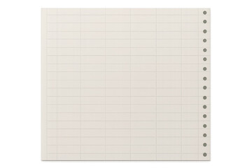 Blank grid paper sheet with punched holes, isolated on transparent background.