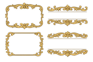 Obraz premium Set of vintage gold baroque frames and borders. Ornate classic filigree decoration. Elegant retro scroll and flourish divider elements for wedding invitation, certificate, or menu.