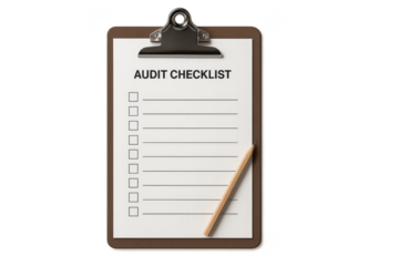 Audit checklist on clipboard with pencil, isolated on transparent background