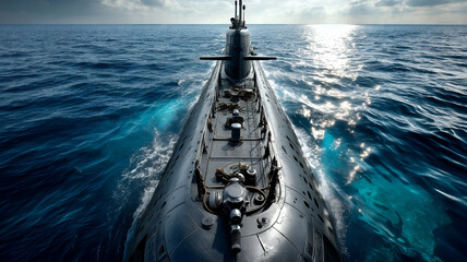 Powerful naval submarine navigating deep blue ocean with sunlit waves and vast horizon