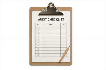 Audit Checklist on clipboard with pencil, isolated on transparent background.
