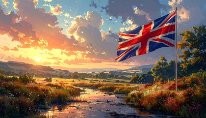 A Picturesque Sunset Scene Featuring the Union Jack Flag in a Landscape