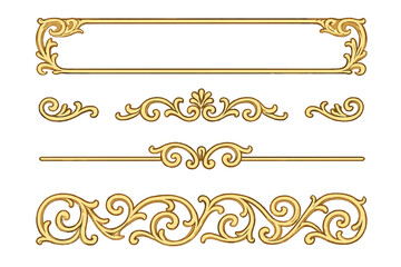 Fototapeta premium Golden vintage border and ornament set. Elegant gold filigree frame and dividers. Classic baroque scroll and swirl elements. Decorative retro flourish for invitation or certificate.