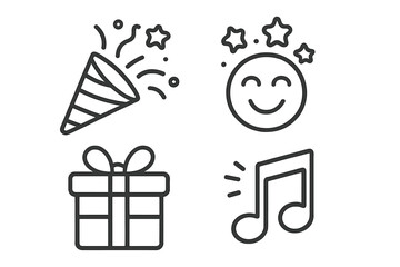 Party celebration line icon set. Event outline icons. Birthday, holiday symbols. Gift box, confetti popper, happy emoji, music note. Simple linear vector illustration.
