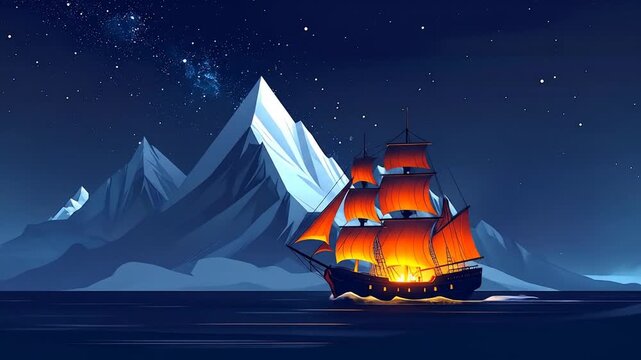 Animated sailing ship navigating icy waters under a starry night sky