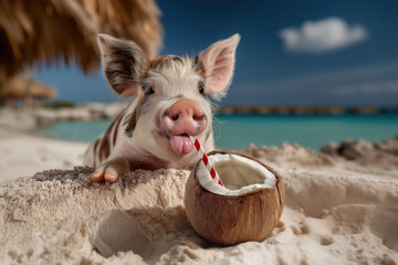 Cute piglet relaxing on tropical beach drinking from a coconut with a straw, creating a funny summer scene full of joy, sunshine, and vacation vibes.