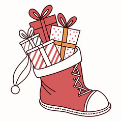 Red Santa boot overflowing with Christmas gifts gift boxes