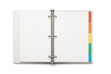 Open 3-ring binder with colorful tabs, isolated on transparent background.