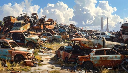 A Pile of Abandoned and Rusty Cars in a Junkyard Under a Cloudy Sky