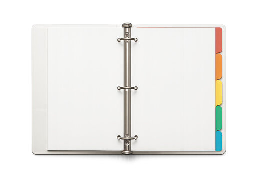Open 3-ring binder with colorful tabs, isolated on transparent background.