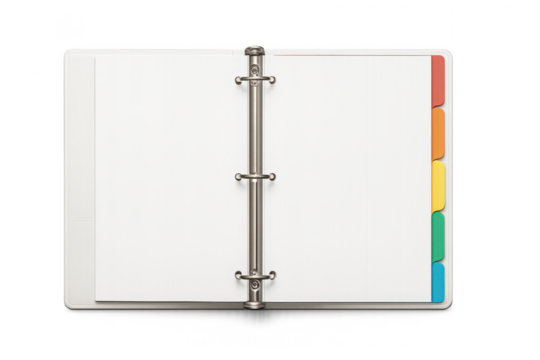 Open 3-ring binder with colorful tabs, isolated on transparent background.