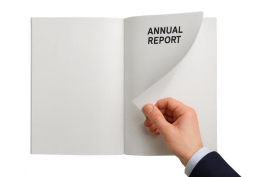 Hand turning page of an open annual report book, isolated on transparent background - Powered by Adobe