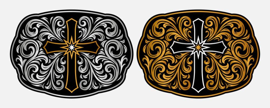 Cross Cucifix Star Badge Rodeo Cowboy label belt buckle wild west cowboy style tag stylized Western Decorative Floral Frame vector design.