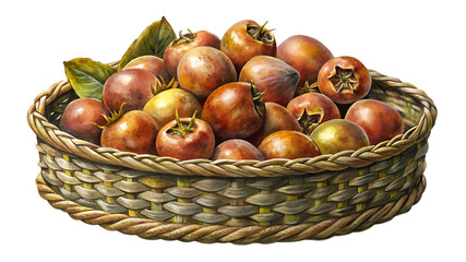 Obraz premium A woven basket overflowing with ripe medlar fruits, some whole and some cut in half, with leaves, isolated on transparent background