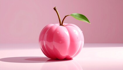 A pink fruit with a leaf and stem, isolated on a pink background