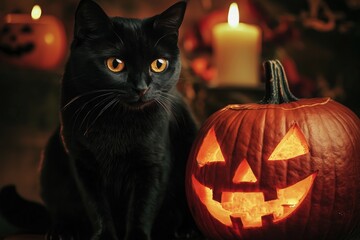 Halloween pumpkin and black cat scary spooky and creepy horror holiday superstition evil animal and jack lantern