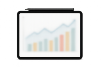 Tablet, stylus, blurred graph, isolated on transparent background.