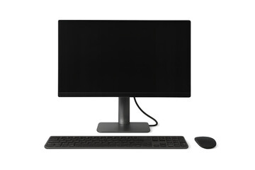 Fototapeta premium Black PC monitor, keyboard, mouse, isolated on transparent background.