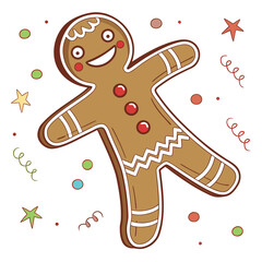 Smiling gingerbread man with festive confetti and stars