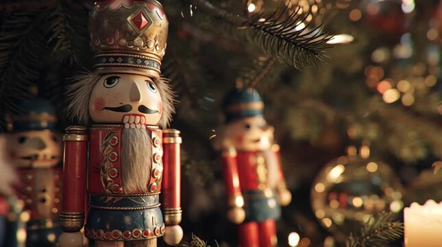 Nutcrackers and Candle on Christmas Tree Background &ndash; Vintage Festive Cinematic Video