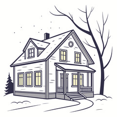 Snow covered house with warm window lights home winter