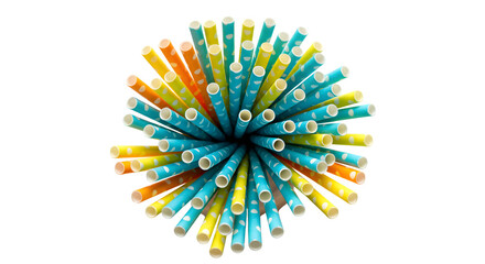 Colorful striped drinking straws with polka dots form an abstract burst. Great for party supply ads, product photography or backdrops.