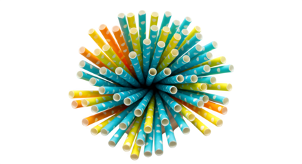 Colorful striped drinking straws with polka dots form an abstract burst. Great for party supply ads, product photography or backdrops.