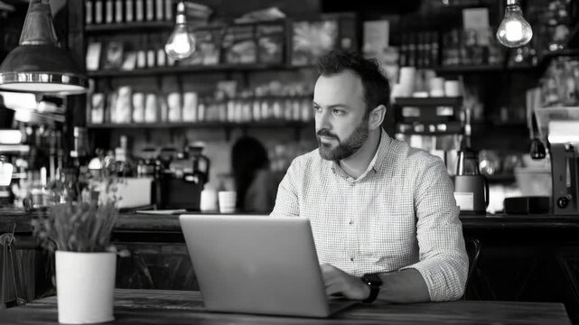 Man working on his laptop in a cozy coffee shop. He's casually dressed, sitting at a bar, engrossed in whatever he's doing on his device. The atmosphere is relaxed and conducive to concentration.