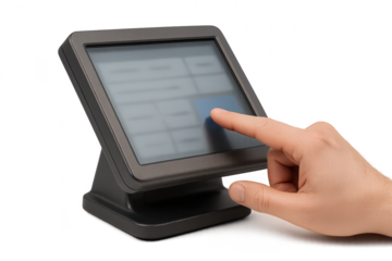 Hand touching a modern touchscreen terminal isolated on transparent background