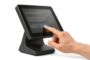 Modern point-of-sale terminal with hand, isolated on transparent background.