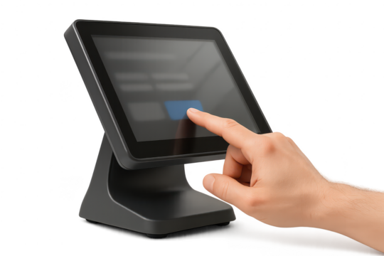 Modern point-of-sale terminal with hand, isolated on transparent background.
