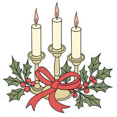 Three lit cream candles with holly and red bow christmas