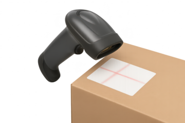 Barcode scanner scanning a parcel delivery box, isolated on transparent background