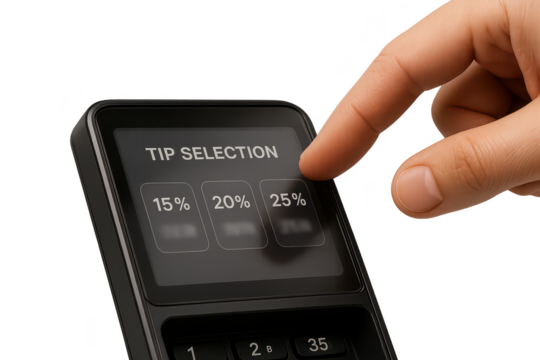 Human hand selecting 25% tip on payment terminal, isolated, transparent.
