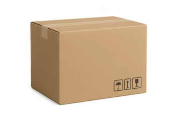 Single brown cardboard box with handling symbols isolated on transparent background.