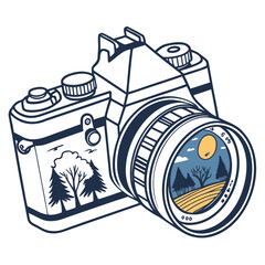 Fototapeta premium Vintage camera with landscape reflection in lens retro camera