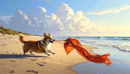 A playful corgi dog running on the beach with an orange scarf