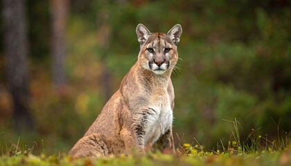 Fototapeta premium Cougar sits in autumn forest. Focus on alert face