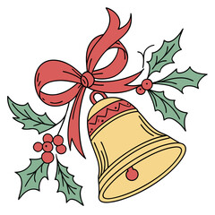 Yellow Christmas bell with red bow and holly mistletoe