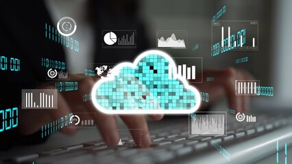 A conceptual image of cloud computing integrated with data analysis visuals over a keyboard. This digital representation highlights technology in a modern workspace. Xenic
