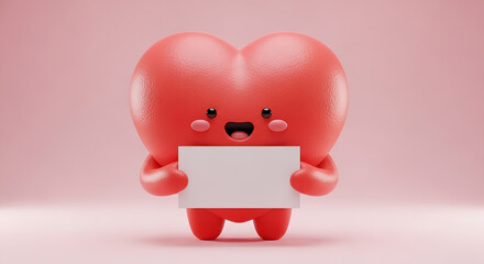 Cute 3d heart character holding blank sign for message