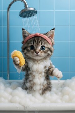 A wide-eyed, fluffy tabby kitten wearing a pink headband, stands in a bathtub filled with bubbly foam, holding a yellow sponge, water cascading from a shower head directly above.