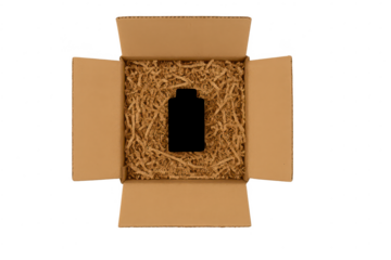 Open cardboard box with shredded paper, bottle space, transparent background.
