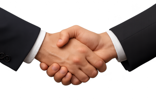 Professional business handshake isolated on transparent background, signifying deal.