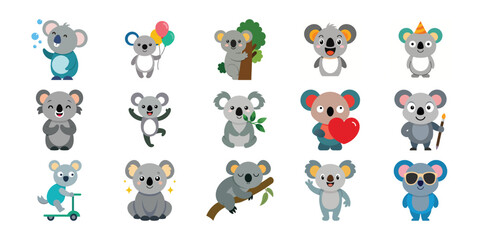 Obraz premium Collection of cute cartoon koala bears in various poses and activities with white background