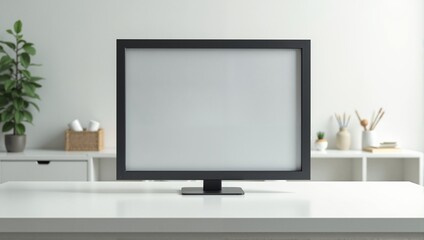 Fototapeta premium Mockup of an empty computer monitor on a white desk in a minimalist office interior
