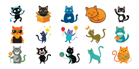 Obraz premium Collection of 15 cute and playful cartoon cats in various poses and colors