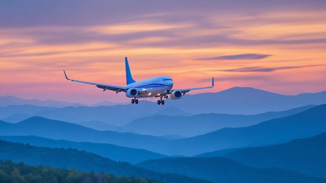 A plane soars over mountains at sunset, blending warm hues with clouds, as excited tourists anticipate their holiday adventures.