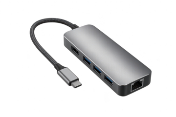 USB-C to HDMI, USB 3.0, and Ethernet hub isolated on transparent background