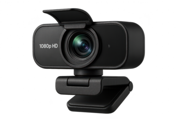High-quality black 1080p HD webcam isolated on transparent background